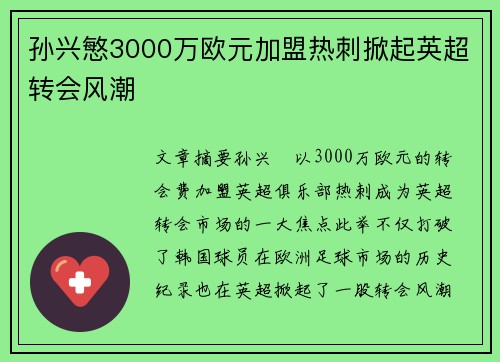 孙兴慜3000万欧元加盟热刺掀起英超转会风潮